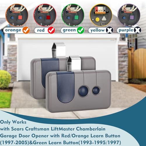 Cooouds جهاز تحكم عن بُعد لبوابة جراج Sears Craftsman 2 ل 139.53680/139.53681/HBW1255/139.53879/139.53859، يعمل مع زر التعلم الأحمر/البرتقالي (1997-2005)، زر التعلم الأخضر (1993-1995/1997)  - Image 2