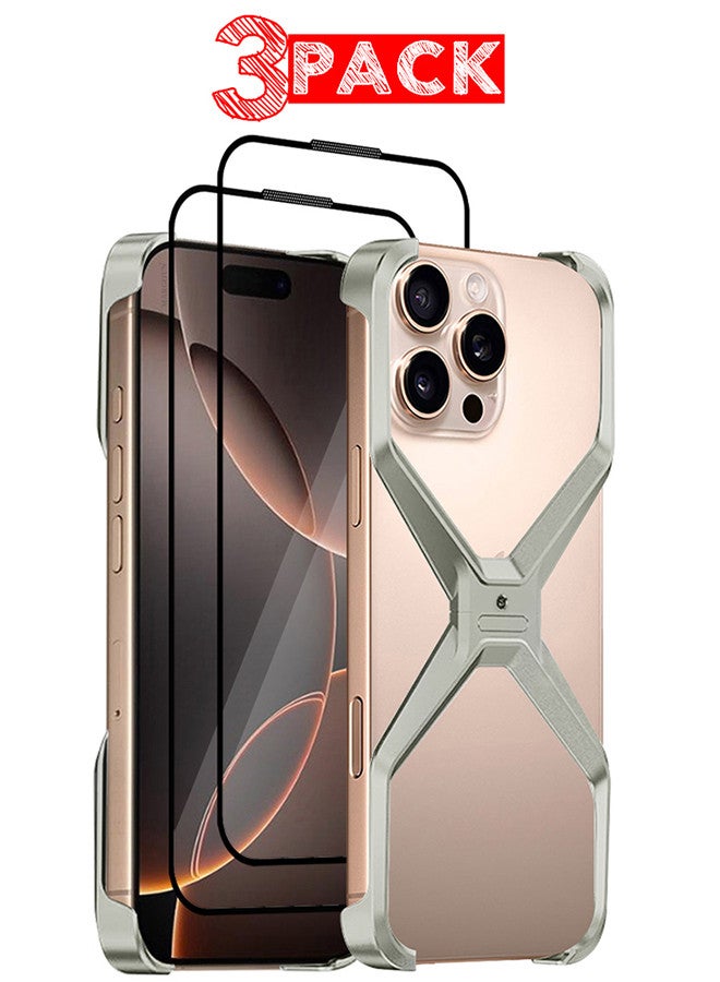 ( for iPhone 16 Pro Max ) 3 Pack, 1 Case and 2 Screen Protectors, X Shape Anti-Fall Bare Phone Case,Cool Design Luxury Metal Shockproof Anti-Scratch Slim Borderless Case - Image 1