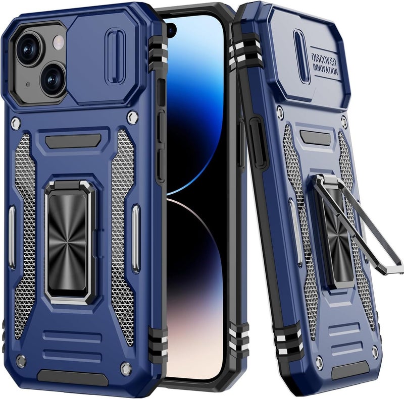 ShieldTech Polycarbonate Back Cover Case Compatible for Apple iPhone 15 with Slide Camera Cover & Rotated Ring Kickstand | Military Grade Mobile Phone Cover Case for Apple iPhone 15 (Blue) - Image 1