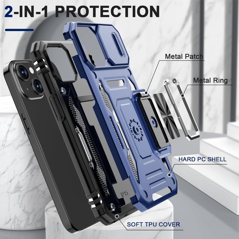 ShieldTech Polycarbonate Back Cover Case Compatible for Apple iPhone 15 with Slide Camera Cover & Rotated Ring Kickstand | Military Grade Mobile Phone Cover Case for Apple iPhone 15 (Blue) - Image 5