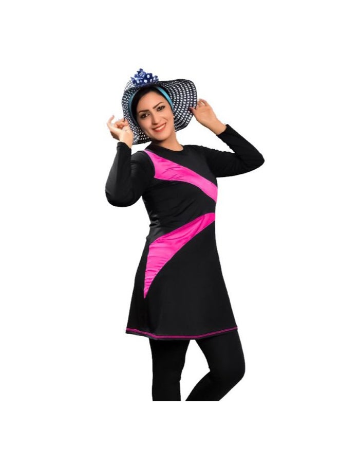 Women's swimsuit, 3 pieces, vest and jumpsuit with sleeves and bonnet