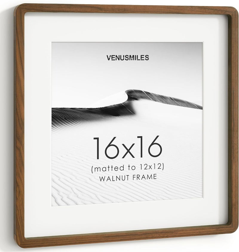 Venusmiles إطار صور 16x16 بوصة، خشب جوز طبيعي من الولايات المتحدة، إطار صور مجمّع مع زجاج مقسّى عالي الوضوح، إطار خشبي 16x16 مع حافة داخلية مقاس 12x12، إطارات جدارية للفن - Image 1