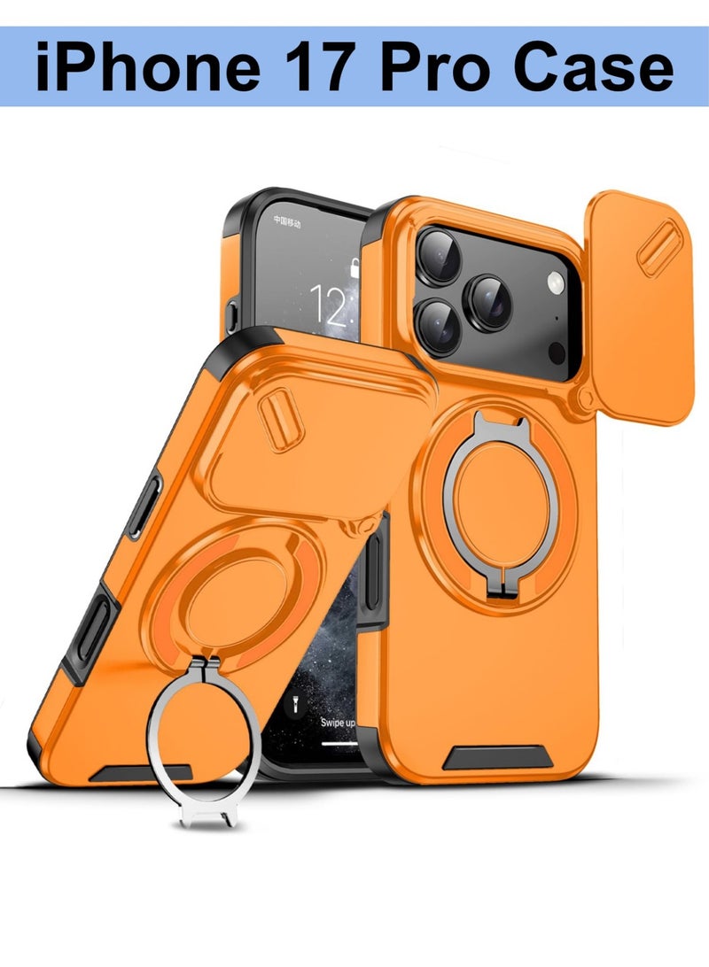 Abania iPhone 17 Pro Case, Sliding Camera Cover, 360° Rotating Magnetic Ring Stand, Strong MagSafe Compatible, Military-Grade Shockproof, Anti-Fingerprint, Orange Slim Protective Cover - Image 1
