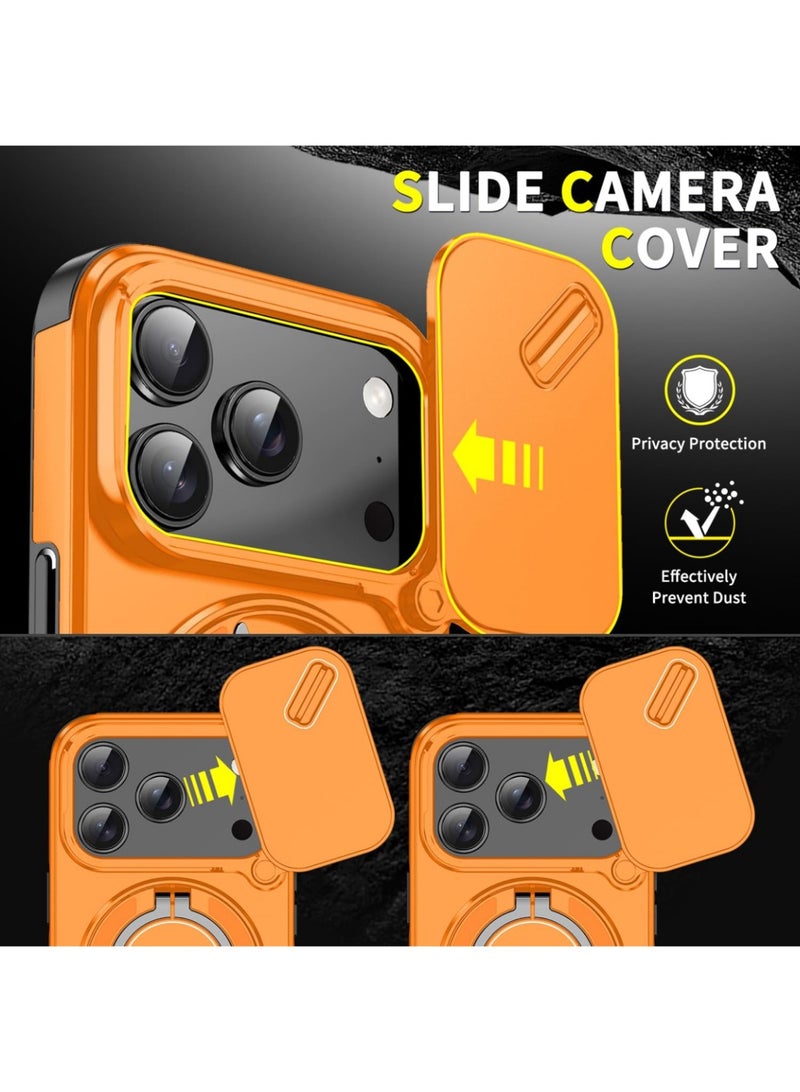 Abania iPhone 17 Pro Case, Sliding Camera Cover, 360° Rotating Magnetic Ring Stand, Strong MagSafe Compatible, Military-Grade Shockproof, Anti-Fingerprint, Orange Slim Protective Cover - Image 2
