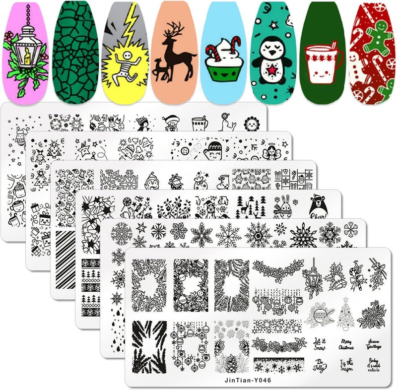 SILPECWEE 6 Pieces Christmas Nail Stamping Plate Holiday Nail Stamp Snowflake Santa Claus Nail Design Stamp Stencils Nail Art Template Nail Art Stamping Kit Nail Art Tools