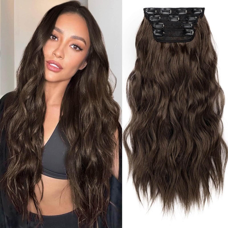 KooKaStyle Hair Extensions Long Wavy 4PCS Thick clip in hair extensions Hairpieces Chocolate Brown Fiber Double Weft Natural Synthetic Hair Extensions 20 Inch for Women - Image 2