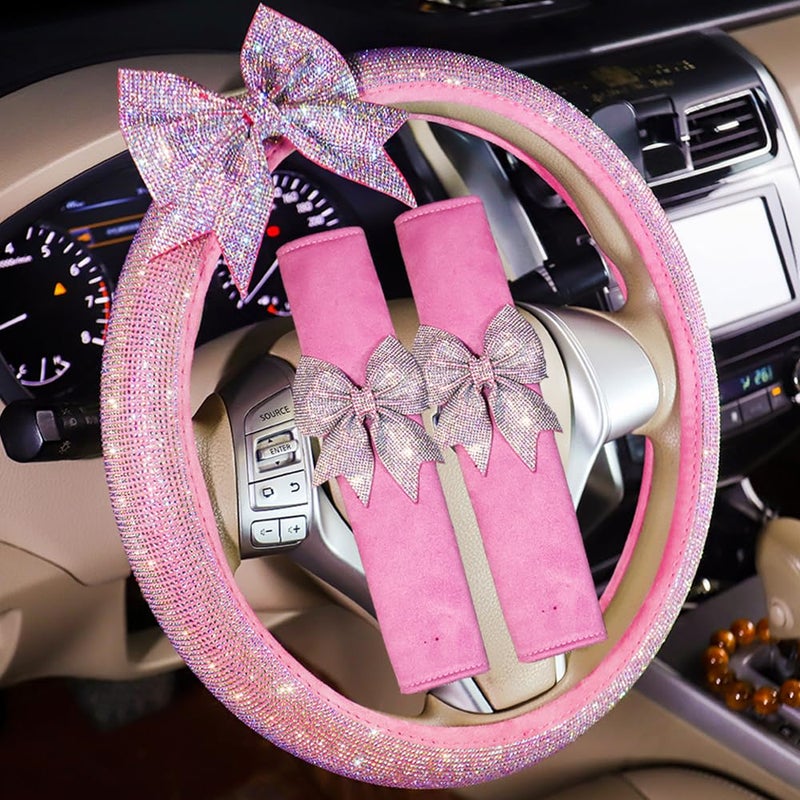 CARWALES Auto Bling Interior Accessories Pink Car Steering Wheel Cover Soft Seat Belt Cover Crystal Bowknot Seatbelt Shoulder Pad Comfortable Gift for Girls Women Gift 3 Pack - Image 3