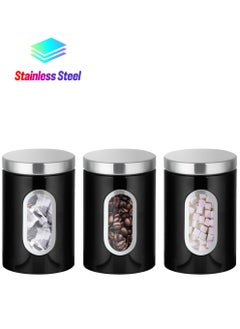 KASTWAVE 3-Pcs Kitchen Canister Set with Secure Lids - Food Storage Jars, Transparent Viewing Window, Customizable Labels - Ideal for Sugar, Tea, Coffee - Black  - Image 1