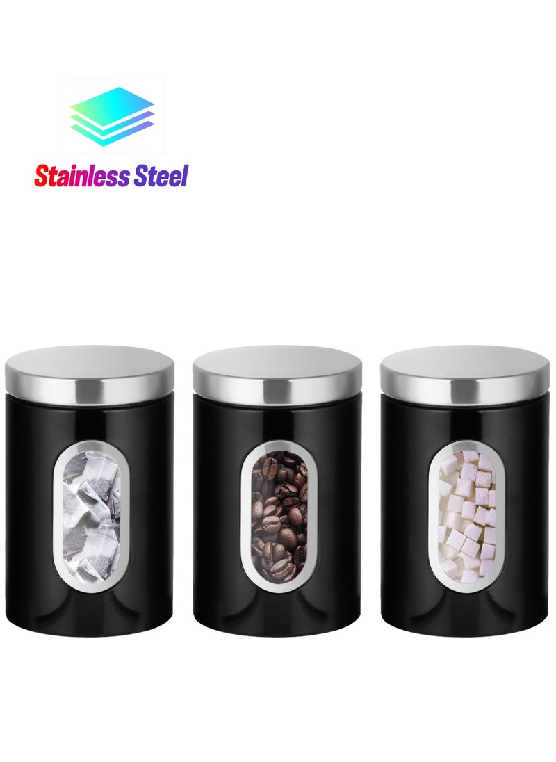 KASTWAVE 3-Pcs Kitchen Canister Set with Secure Lids - Food Storage Jars, Transparent Viewing Window, Customizable Labels - Ideal for Sugar, Tea, Coffee - Black  - Image 1