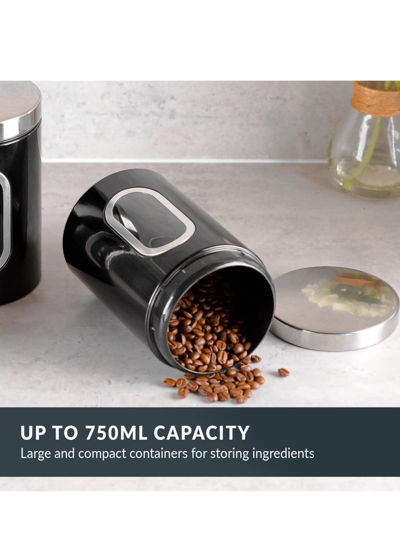 KASTWAVE 3-Pcs Kitchen Canister Set with Secure Lids - Food Storage Jars, Transparent Viewing Window, Customizable Labels - Ideal for Sugar, Tea, Coffee - Black  - Image 3