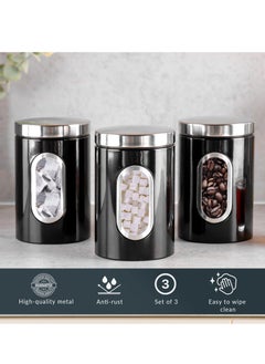 KASTWAVE 3-Pcs Kitchen Canister Set with Secure Lids - Food Storage Jars, Transparent Viewing Window, Customizable Labels - Ideal for Sugar, Tea, Coffee - Black  - Image 4