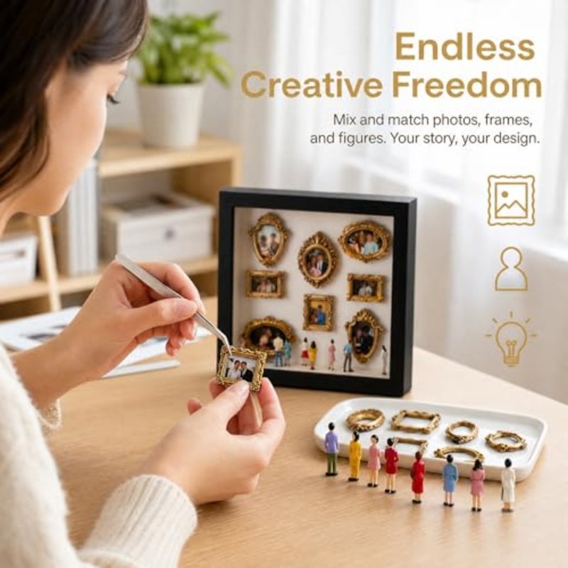 صندوق صورة ظلية للمتحف الصغير DIY، إطار صورة صغير عتيق مع 8 إطارات وأشكال وأضواء LED، مجموعة متحف صغير DIY لعرض الصور الإبداعية وديكور غرفة أنيق في منطقة المعيشة - Image 4