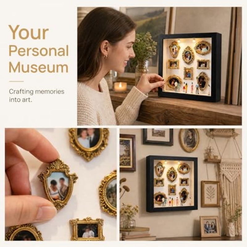 صندوق صورة ظلية للمتحف الصغير DIY، إطار صورة صغير عتيق مع 8 إطارات وأشكال وأضواء LED، مجموعة متحف صغير DIY لعرض الصور الإبداعية وديكور غرفة أنيق في منطقة المعيشة - Image 5