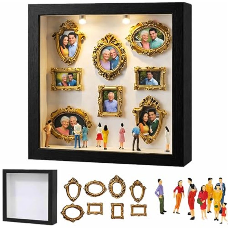 صندوق صورة ظلية للمتحف الصغير DIY، إطار صورة صغير عتيق مع 8 إطارات وأشكال وأضواء LED، مجموعة متحف صغير DIY لعرض الصور الإبداعية وديكور غرفة أنيق في منطقة المعيشة - Image 1