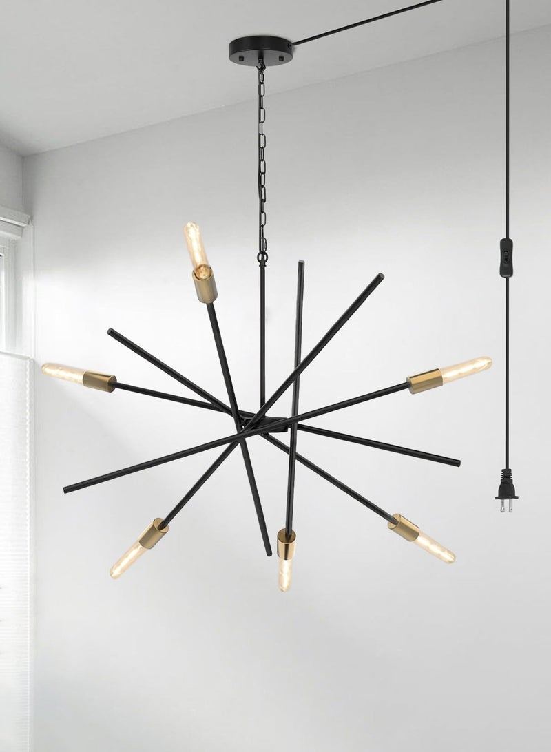 LOOPITYS pendant light，Modern Plug in Chandelier Mid-century Black and Brass 6-Light ，Hanging Ceiling Light Fixture with 18ft Cord On/Off Switch for Kitchen Living Dining Room Bedroom Foyer - Image 1