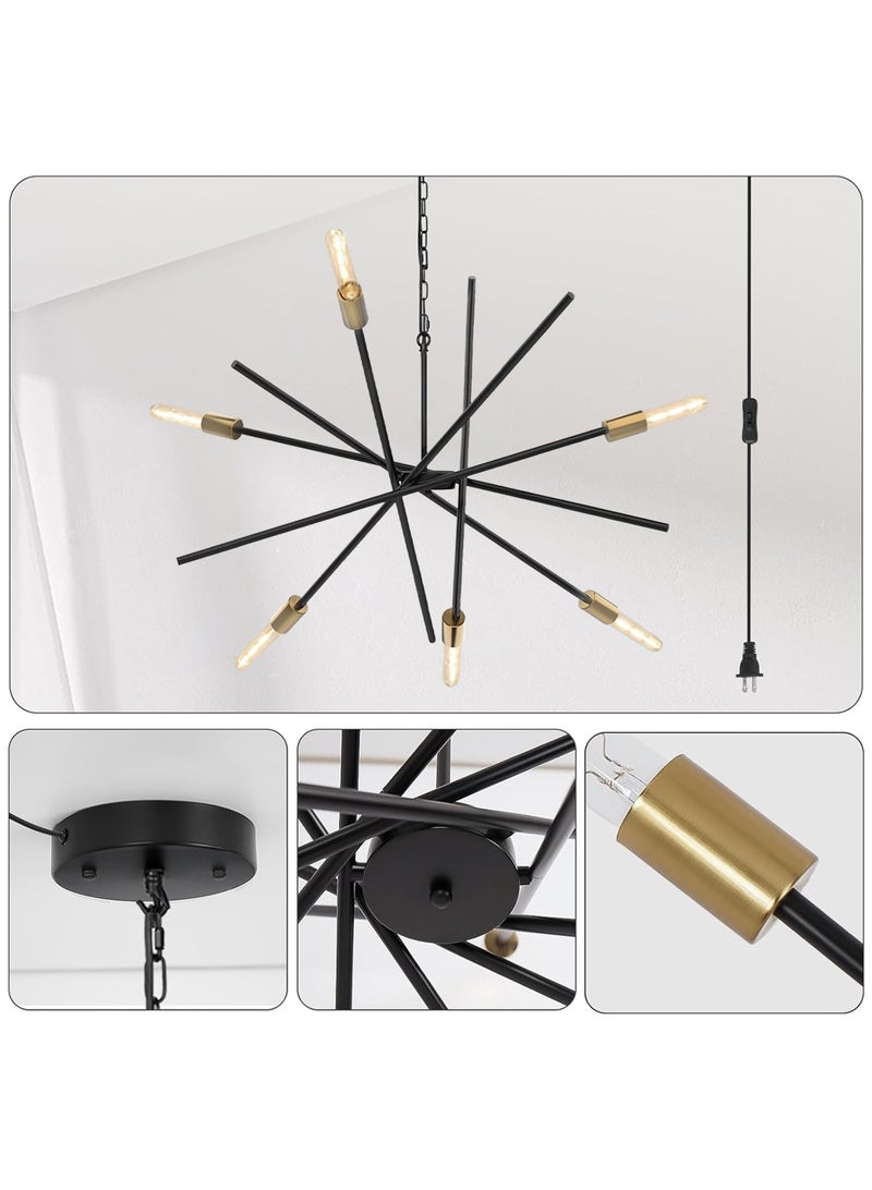 LOOPITYS pendant light，Modern Plug in Chandelier Mid-century Black and Brass 6-Light ，Hanging Ceiling Light Fixture with 18ft Cord On/Off Switch for Kitchen Living Dining Room Bedroom Foyer - Image 4