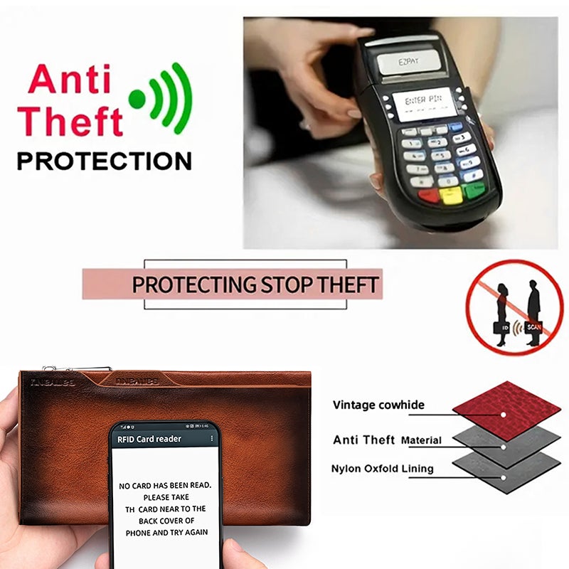 بانيانو محفظة رجالية طويلة بسحاب، مصنوعة من الجلد الطبيعي المقاوم للسرقة بتقنية RFID، تتسع لبطاقات الائتمان، وتحتوي على عملات معدنية عتيقة من جلد البقر الطبيعي عالي الجودة (لون أصفر-بني) - Image 5