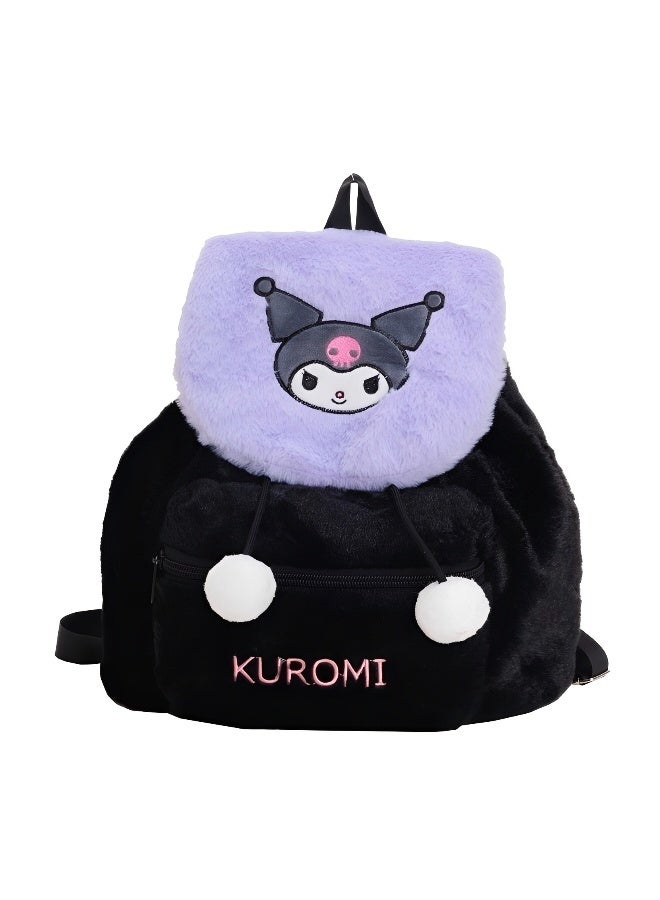 Sanrio Kuromi Plush Backpack Sanrio Themed Cute Pom Pom Decor Backpack Soft Plush Daily Outing School Bag for Fans - Image 1