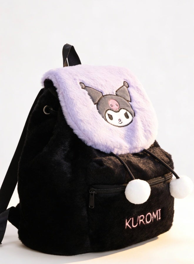 Sanrio Kuromi Plush Backpack Sanrio Themed Cute Pom Pom Decor Backpack Soft Plush Daily Outing School Bag for Fans - Image 3