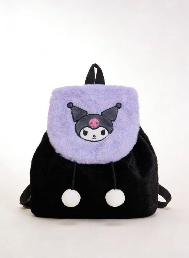 Sanrio Kuromi Plush Backpack Sanrio Themed Cute Pom Pom Decor Backpack Soft Plush Daily Outing School Bag for Fans - Image 4