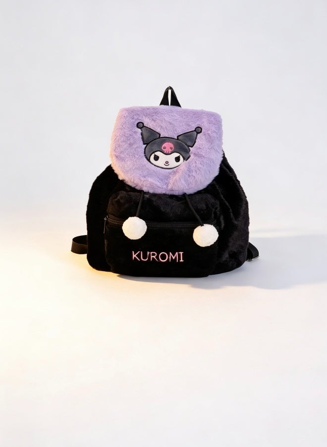 Sanrio Kuromi Plush Backpack Sanrio Themed Cute Pom Pom Decor Backpack Soft Plush Daily Outing School Bag for Fans - Image 2