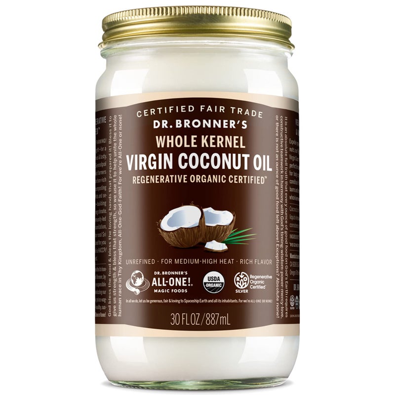 Dr. Bronner's - Organic Virgin Coconut Oil (Whole Kernel, 30 Ounce) - Coconut Oil for Cooking, Baking, Hair and Body, Unrefined and Fresh-Pressed, Rich and Nutty Flavor, Fair Trade, Vegan, Non-GMO - Image 1