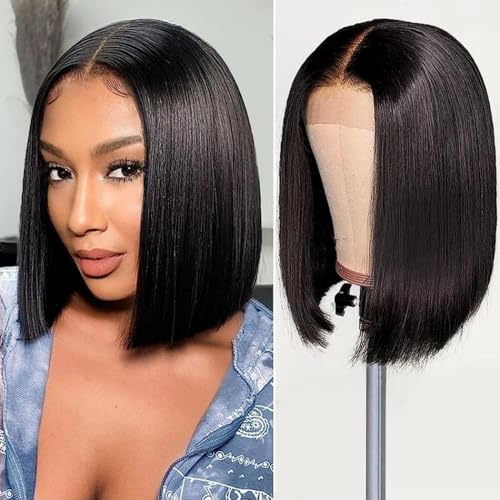 HUIDI Bob Wig Human Hair 13x4 Hd Lace Front Wigs 200 Density 12 Inch Short Straight Bob Frontal Wigs Transparent Lace Pre Plucked with Baby Hair Glueless Wigs Brazilian Virgin Hair for Women Natural Black - Image 1