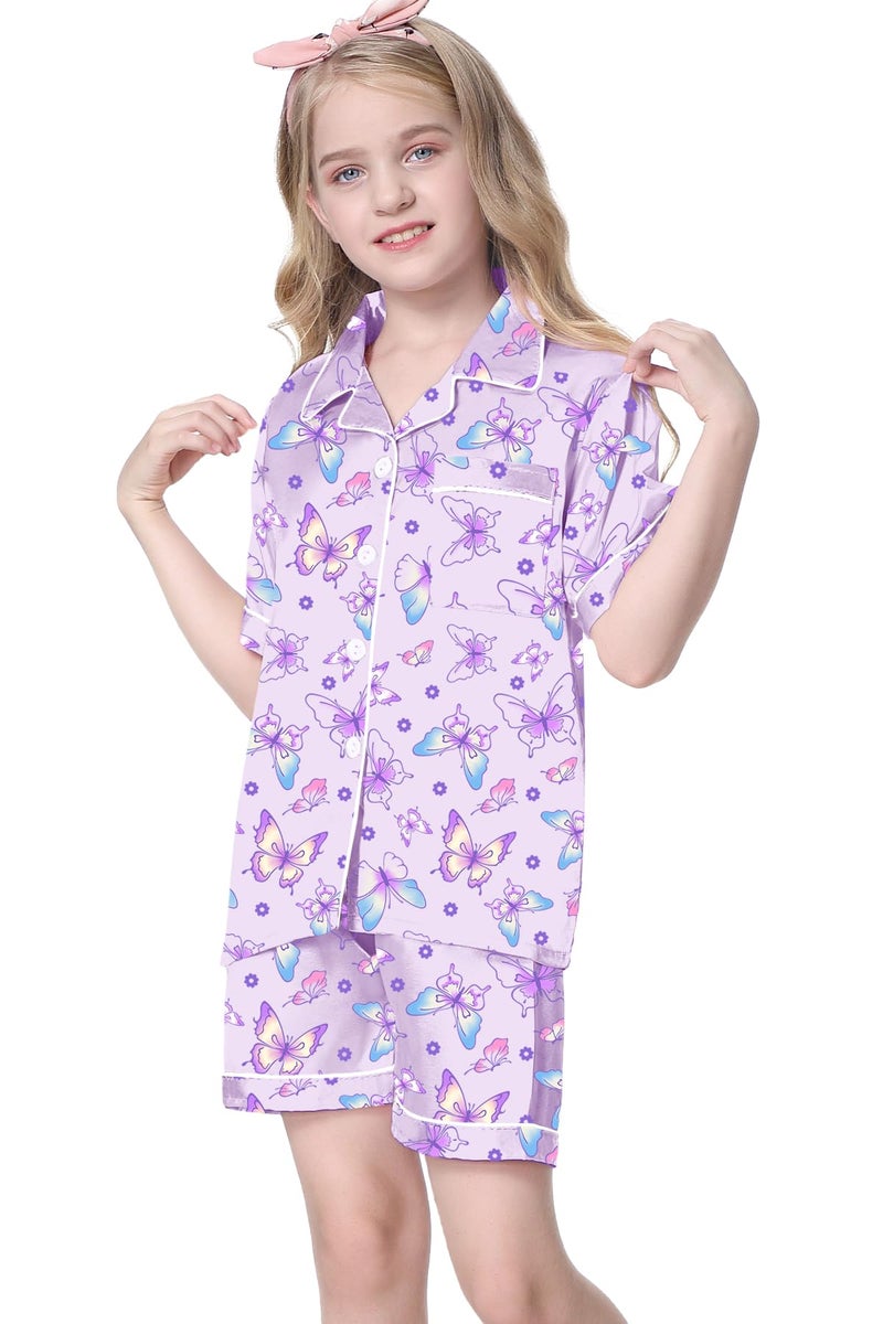 Umeyda Girls Satin Pajama Set, Cute Silk Button Up Sleepwear Pjs Comfy Outfits for Toddler Little & Big Kids, Bright Purple Butterfly, 7-8 Years = Tag 140 - Image 2
