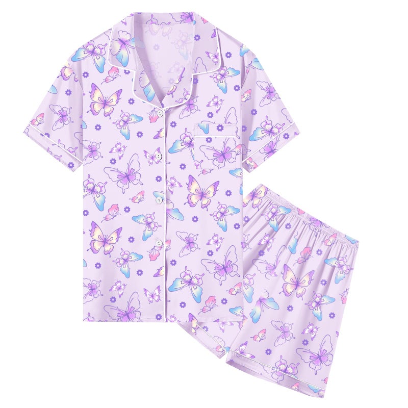 Umeyda Girls Satin Pajama Set, Cute Silk Button Up Sleepwear Pjs Comfy Outfits for Toddler Little & Big Kids, Bright Purple Butterfly, 7-8 Years = Tag 140 - Image 1