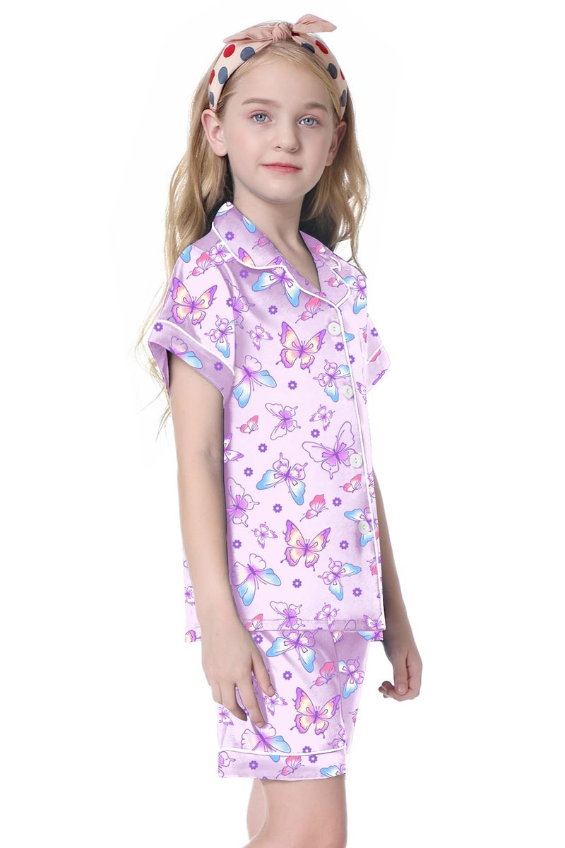 Umeyda Girls Satin Pajama Set, Cute Silk Button Up Sleepwear Pjs Comfy Outfits for Toddler Little & Big Kids, Bright Purple Butterfly, 7-8 Years = Tag 140 - Image 4