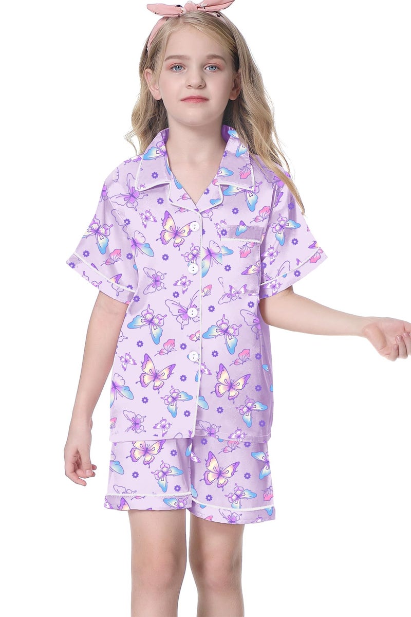 Umeyda Girls Satin Pajama Set, Cute Silk Button Up Sleepwear Pjs Comfy Outfits for Toddler Little & Big Kids, Bright Purple Butterfly, 7-8 Years = Tag 140 - Image 3
