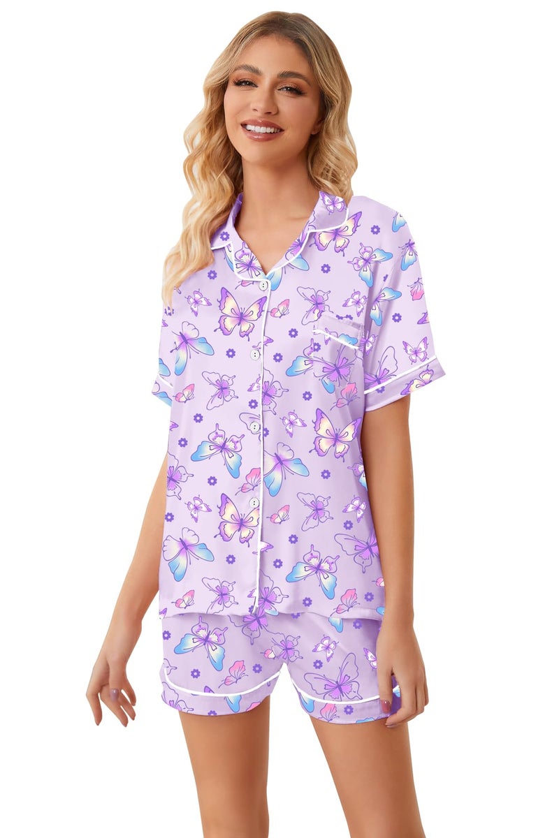 Umeyda Girls Satin Pajama Set, Cute Silk Button Up Sleepwear Pjs Comfy Outfits for Toddler Little & Big Kids, Bright Purple Butterfly, 7-8 Years = Tag 140 - Image 5
