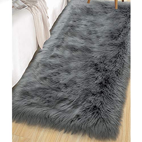 LOCHAS Soft Fluffy Faux Fur Rugs for Bedroom Bedside Rug 2x4 Feet, Washable, Furry Sheepskin Area Rug for Living Room Girls Room, Luxury Shag Carpet Home Decor, Dark Grey - Image 1