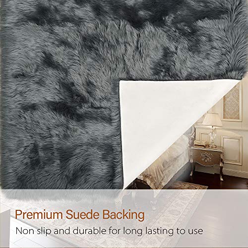 LOCHAS Soft Fluffy Faux Fur Rugs for Bedroom Bedside Rug 2x4 Feet, Washable, Furry Sheepskin Area Rug for Living Room Girls Room, Luxury Shag Carpet Home Decor, Dark Grey - Image 3