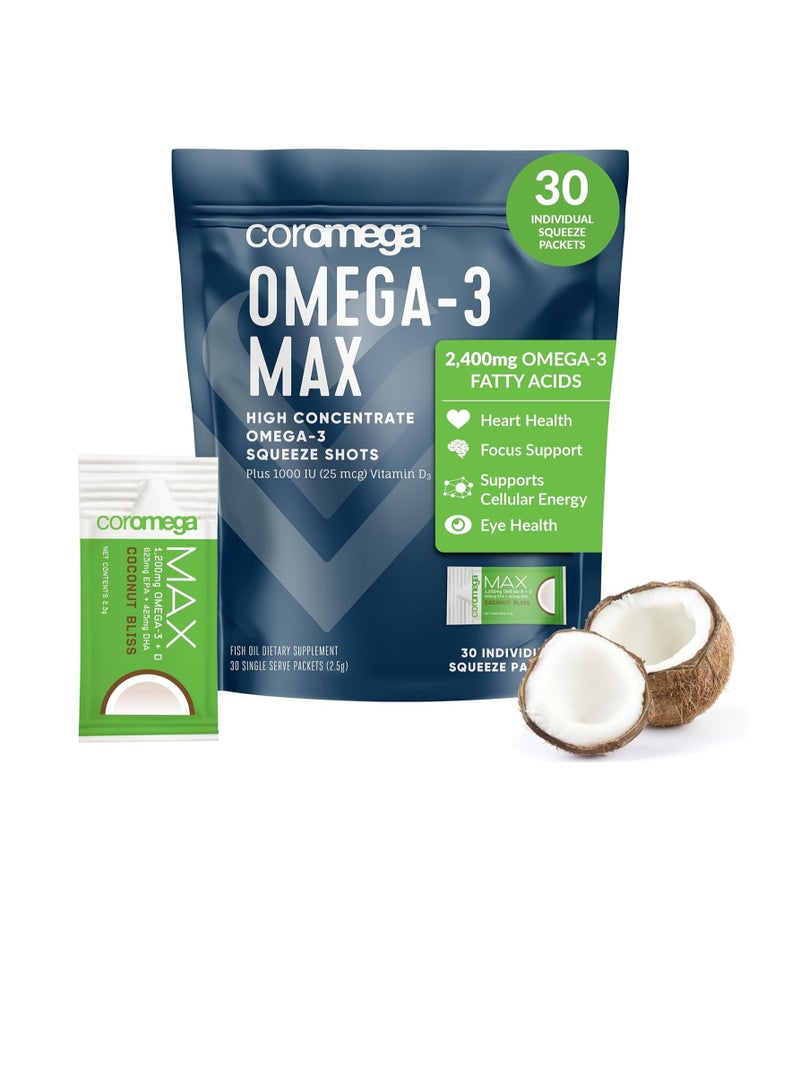 Coromega 2400mg Omega-3 Fish Oil + Vitamin D Squeeze Packets, Wild-Caught, No Fishy Taste - 3X Better Absorption Than Softgels, Supports Brain & Heart Health (30 Servings, Coconut Bliss) - Image 1