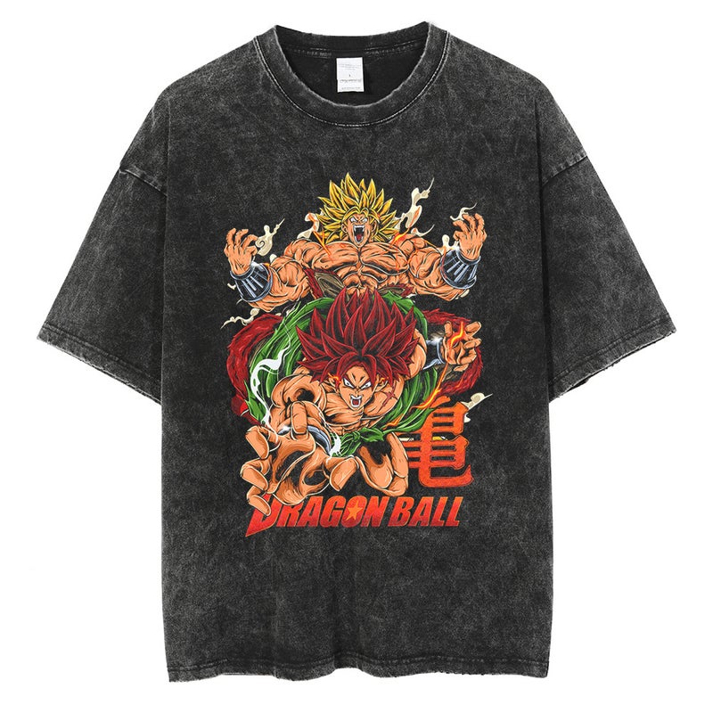 Washed Vintage T-Shirt Street Hip Hop Anime Dragon Ball Cartoon Printed Graphic Casual Cotton Summer Short Sleeve Street Tide 8 Retro Black