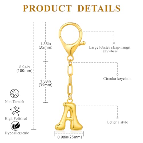 VICKHU Gold Plated Initial Letter Keychain for Women Car Key Purse Decorative Keyring Handbag Charms Fashion Cute Keychain (A, Gold) - Image 2