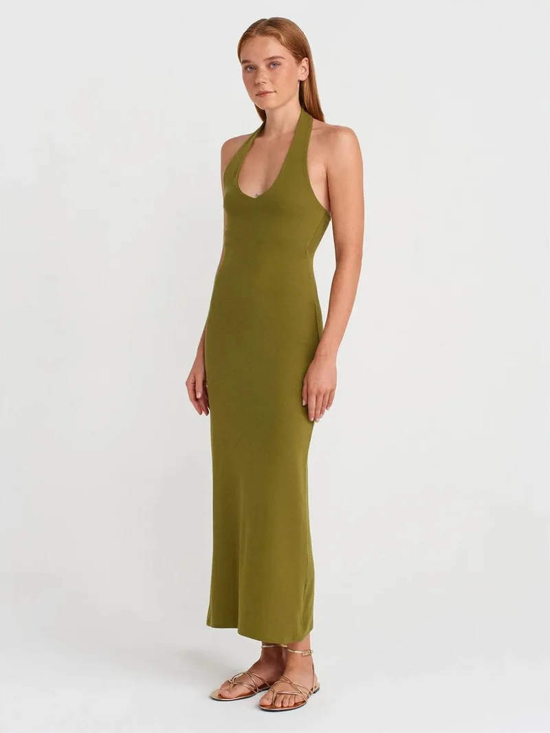ديلفين Dilvin Women's Halter Neck Bodycon Midi Dress