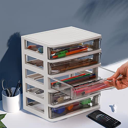 DEAYOU 5 Drawer Desktop Storage Bin Unit, Small Plastic Organizer, White Frame with Clear Drawer, Mini Container Case for Desk, Storing Craft, Accessory, Stationery - Image 5