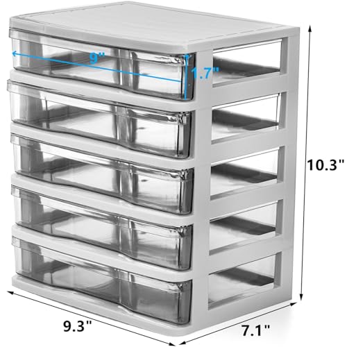 DEAYOU 5 Drawer Desktop Storage Bin Unit, Small Plastic Organizer, White Frame with Clear Drawer, Mini Container Case for Desk, Storing Craft, Accessory, Stationery - Image 2