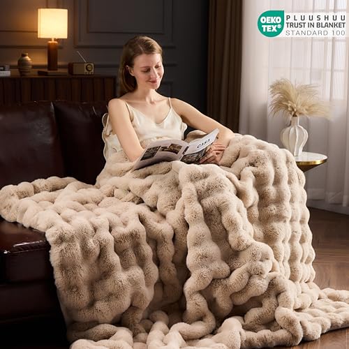 PLUUSHUU Faux Fur Throw Blanket for Couch, Fluffy Fuzzy Plush Bubble Blanket, Soft Warm Cozy Shaggy Rabbit Blanket, Luxury Decorative Gifts for Sofa Bedroom Living Room, 60x50inch (Naked Color) - Image 3