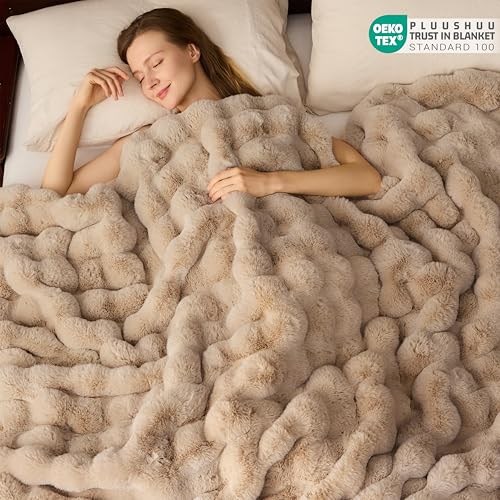 PLUUSHUU Faux Fur Throw Blanket for Couch, Fluffy Fuzzy Plush Bubble Blanket, Soft Warm Cozy Shaggy Rabbit Blanket, Luxury Decorative Gifts for Sofa Bedroom Living Room, 60x50inch (Naked Color) - Image 5