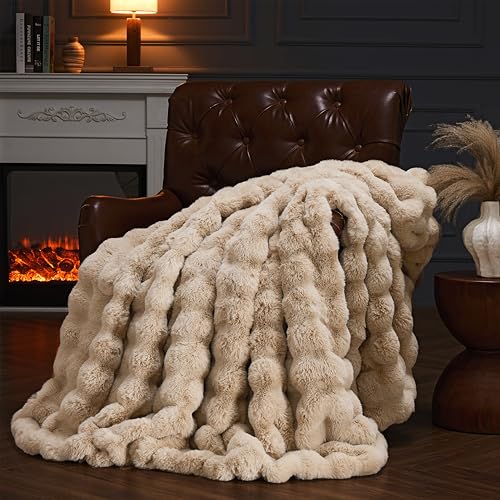 PLUUSHUU Faux Fur Throw Blanket for Couch, Fluffy Fuzzy Plush Bubble Blanket, Soft Warm Cozy Shaggy Rabbit Blanket, Luxury Decorative Gifts for Sofa Bedroom Living Room, 60x50inch (Naked Color) - Image 1