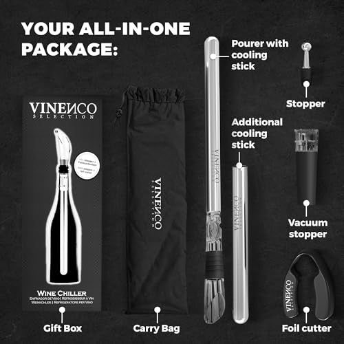 Vinenco Wine Chiller Set & Chill Rods + Foil Cutter, Stopper, Ebook - Premium 7in1 Stainless Steel Bottle Cooler Stick, Decanting Aerator & Drip-Free Pourer | Bar Gift Men Women - Image 5