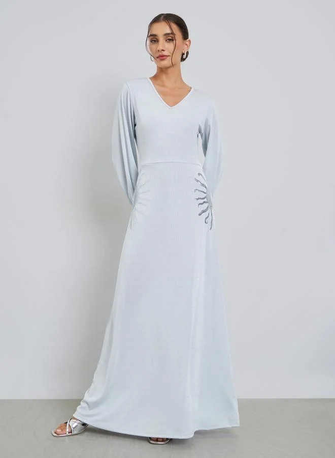 Styli Grey Textured Sequin Embroidery Maxi Dress