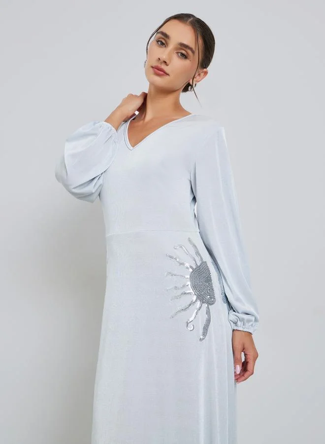 Styli Grey Textured Sequin Embroidery Maxi Dress