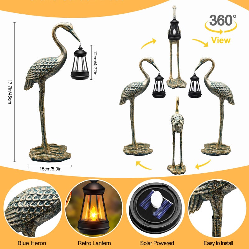 yulloyello Solar Garden Statue Crane Figurine, Outdoor Hanging Solar Lanterns, 17.7 Inch Blue Heron Sculpture Statue for Patio Yard Porch, Garden Decor for Outside Birthday Gifts for Mom, Women Mother's Day - Image 2