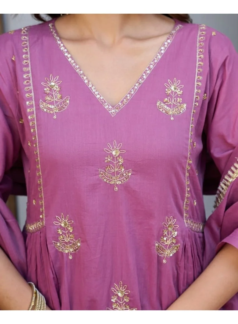 PRIYA’S PANACHE Mul Chanderi Anarkali Kurta Set for Women with Handwork Sequin Floral Embroidery & Pure Mul Cotton Dupatta | Indian Ethnic Wear | Anarkali Salwar Suit Style with Pants | Kurti Set Ladies | Festive, Wedding & Party Wear | Elegant Traditional Indian Dress