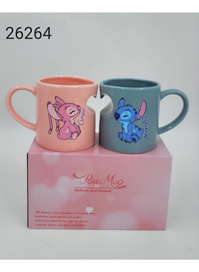 طقم أكواب سيراميك مزدوج بشخصيات ديزني الشهيرة ستيتش وأنجل | تصميم أنمي ياباني كرتوني أنيق | كوبين متطابقين لعشاق الأنمي والهدايا الفريدة | مغلف بتغليف فاخر مطابق للتصميم ومثالي للإهداء