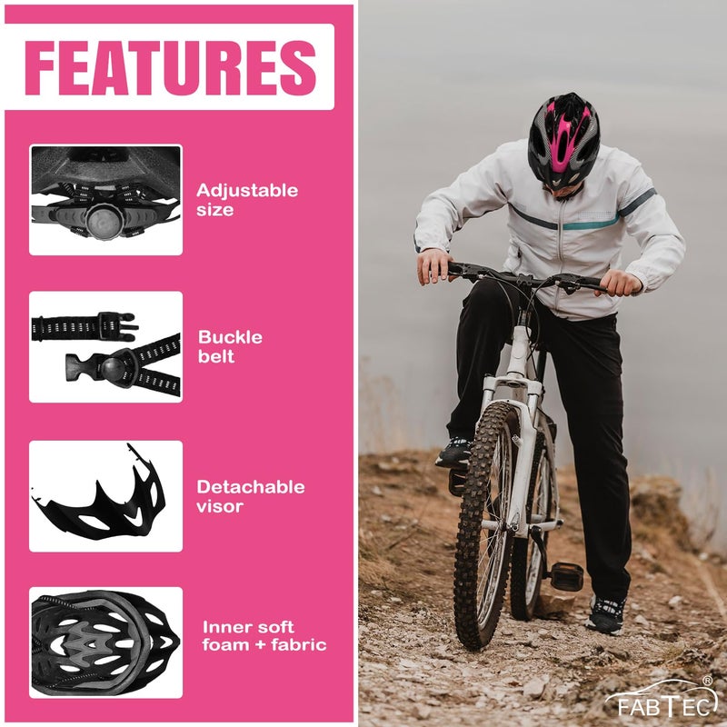FABTEC خوذة دراجة هوائية وتزلج باللونين الوردي والأسود مع واقي قابل للفك | خوذة دراجة جبلية خفيفة الوزن مع غلاف مهوي، وحشوة ممتصة للصدمات، وحزام قابل للتعديل | مثالية للرجال والنساء والأطفال - Image 5